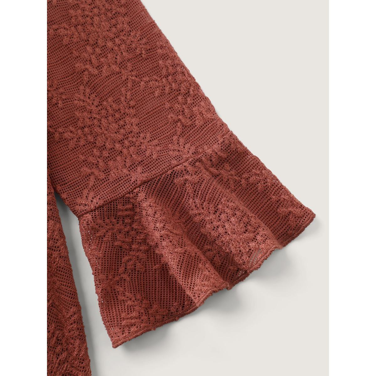 Plus Size Yellowishbrown Ruffled Edge Lace Trim Tie Blouse Women Romantic Long Sleeve V-neck Elegant Blouses BloomChic 14-16/1X Product Image