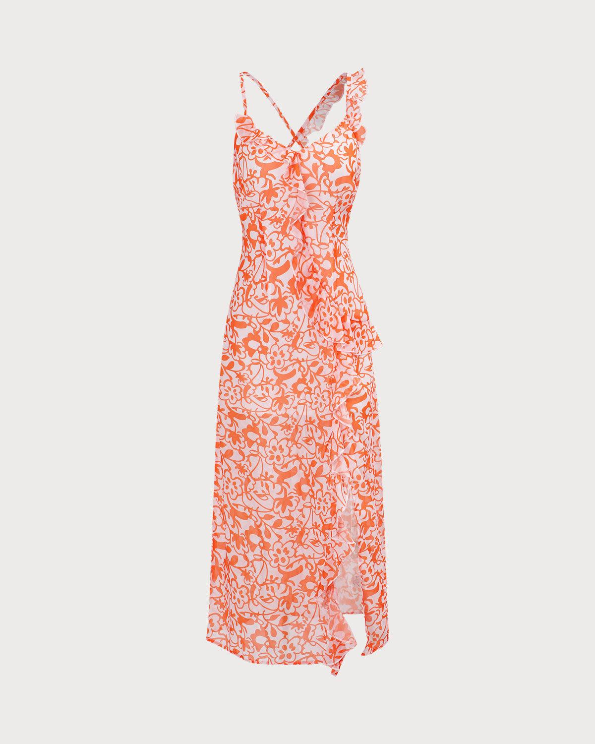 The Orange V Neck Floral Ruffle Maxi Dress Product Image