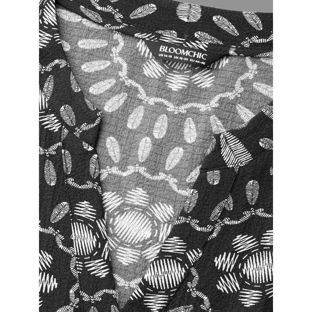 Plus Size Notched Collar Print Tiered Midi Dress Black Women Resort Non Flat collar with V-notch Elbow-length sleeve Curvy BloomChic 26/4X Product Image