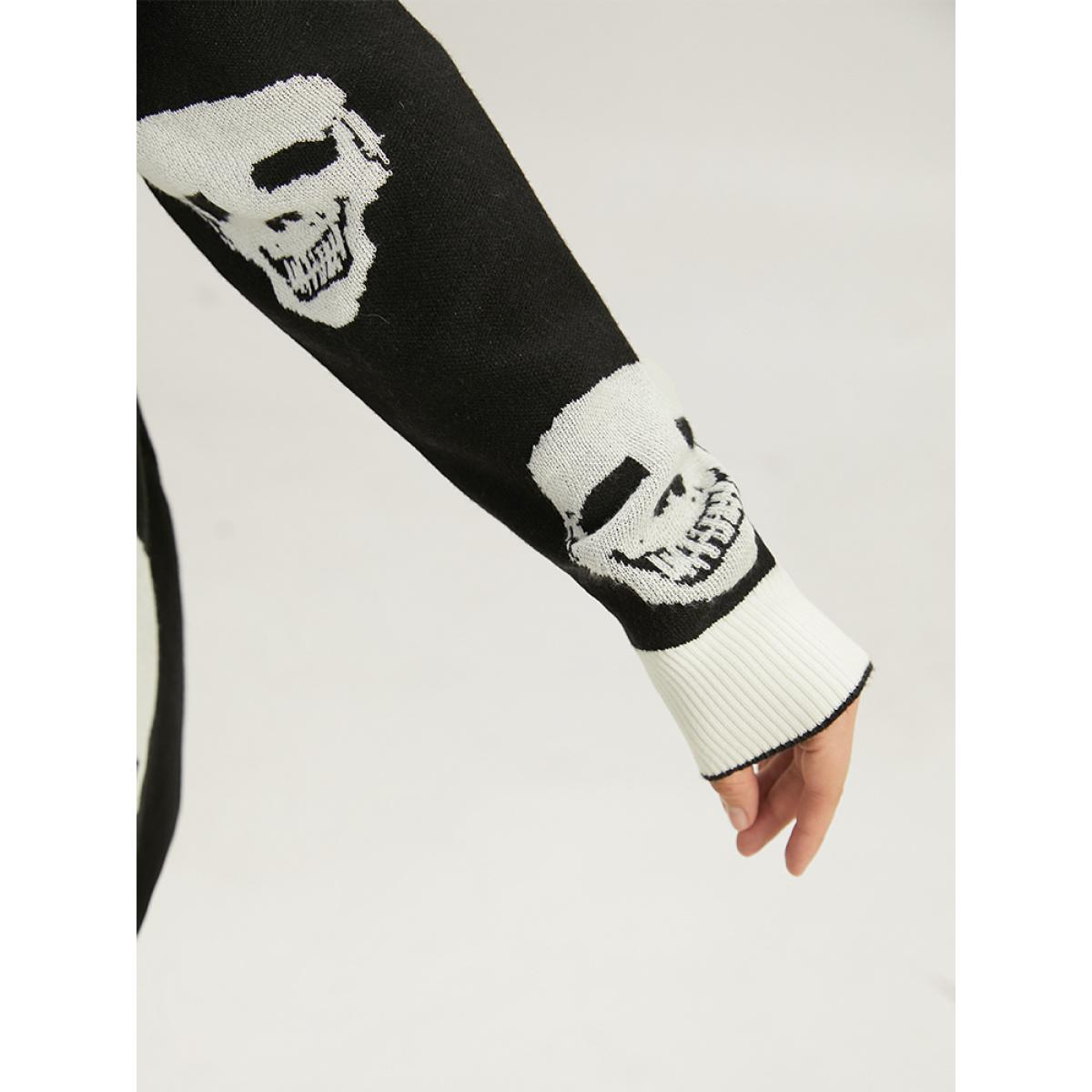 Plus Size Supersoft Essentials Halloween Skull Asymmetrical Hem Cardigan Black Women Casual Loose Long Sleeve Festival-Halloween Cardigans BloomChic 14-16/1X Product Image