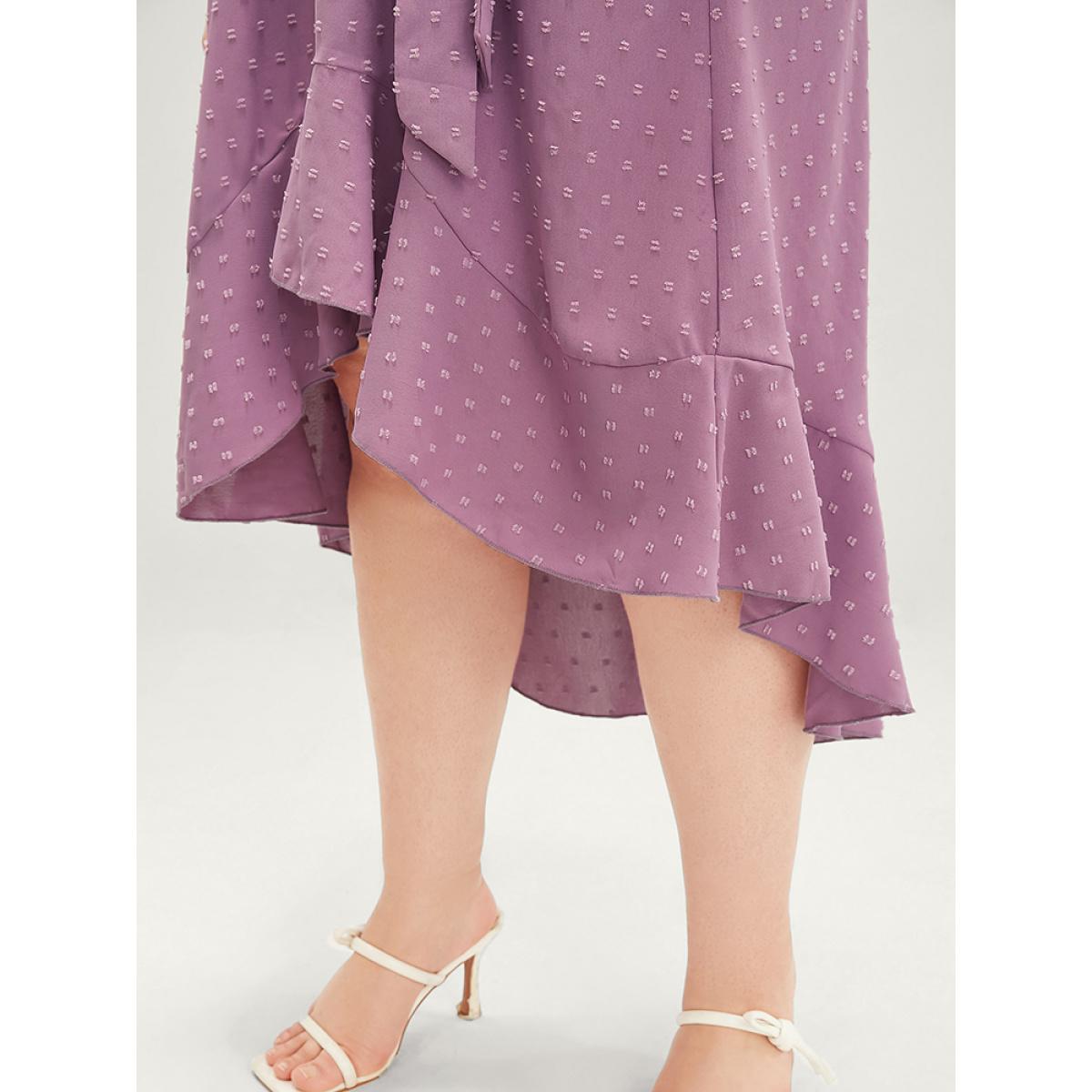 Plus Size Plain Wrap Ruffles Pocket Belted High Low Hem Dress Mauve Women Elegant Gathered V-neck Short sleeve Curvy Midi Dress BloomChic 14-16/1X Product Image