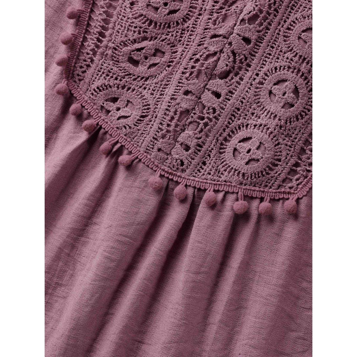 Plus Size Mauve Lace Neck Tie Flowy Solid Blouse Women Boho Elbow-length sleeve V-neck Vacation Blouses BloomChic 10/M Product Image