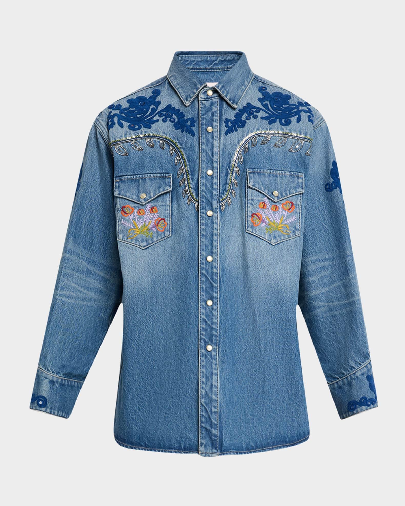Men's Mixed-Embroidery Denim Shirt Product Image