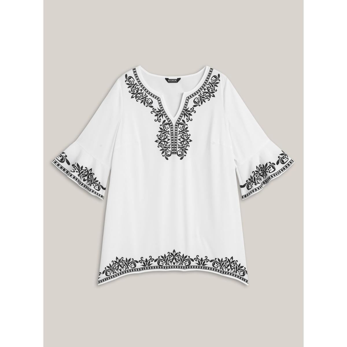 Plus Size Originalwhite Boho Print Split Neck Relaxed Fit Blouse Women Resort Elbow-length sleeve Notched collar Vacation Blouses BloomChic 22-24/3X Product Image