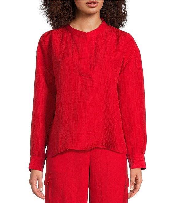 Eileen Fisher Silk Organic Linen Mandarin Collar Long Sleeve Boxy Top Product Image