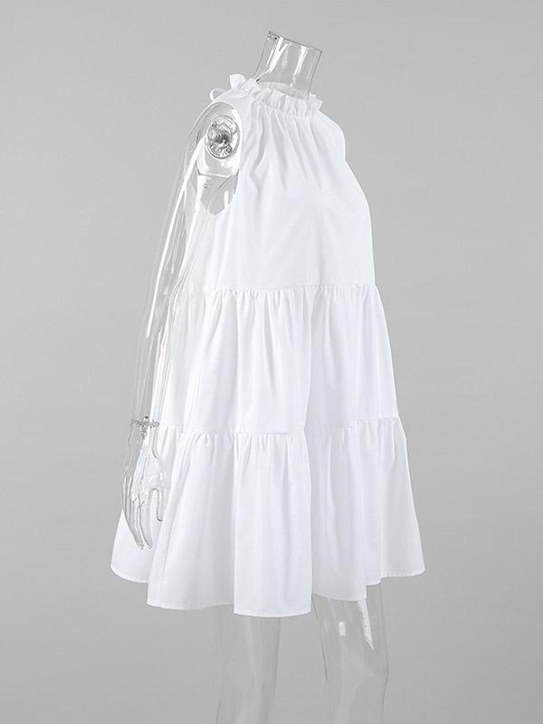 A-Line Loose Pleated Ruffled Solid Color Split-Joint Round-Neck Mini Dresses Shirt Dress Product Image