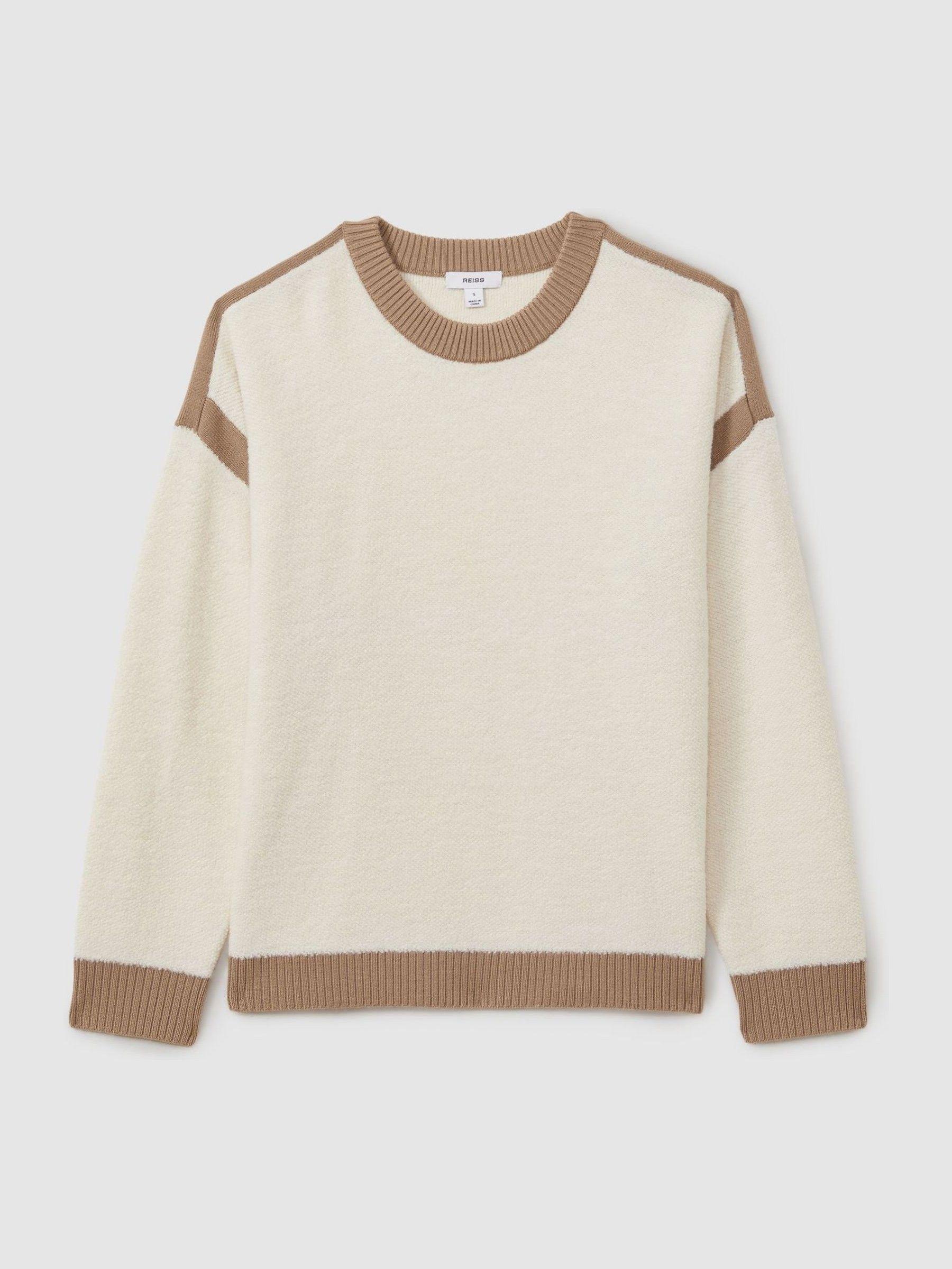 Wool Colourblock Crew Neck Jumper in Cream/Camel Product Image