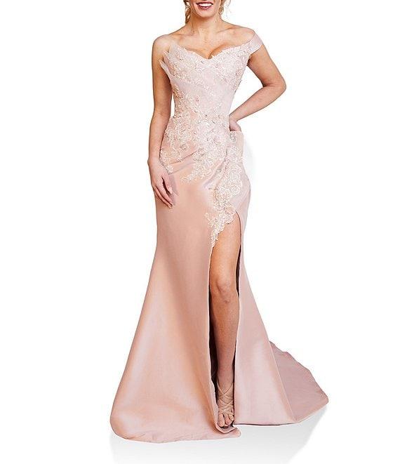 Terani Couture Embroidered One Strap Off-The-Shoulder Side Slit Gown Product Image