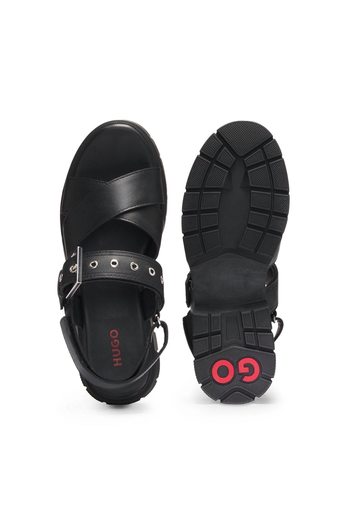 HUGO - Leather sandals with buckled strap and chunky sole - Black Product Image