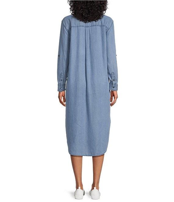 Westbound 3/4 Roll-Tab Sleeve Point Collar Button Front Chambray Midi Shirt Dress Product Image