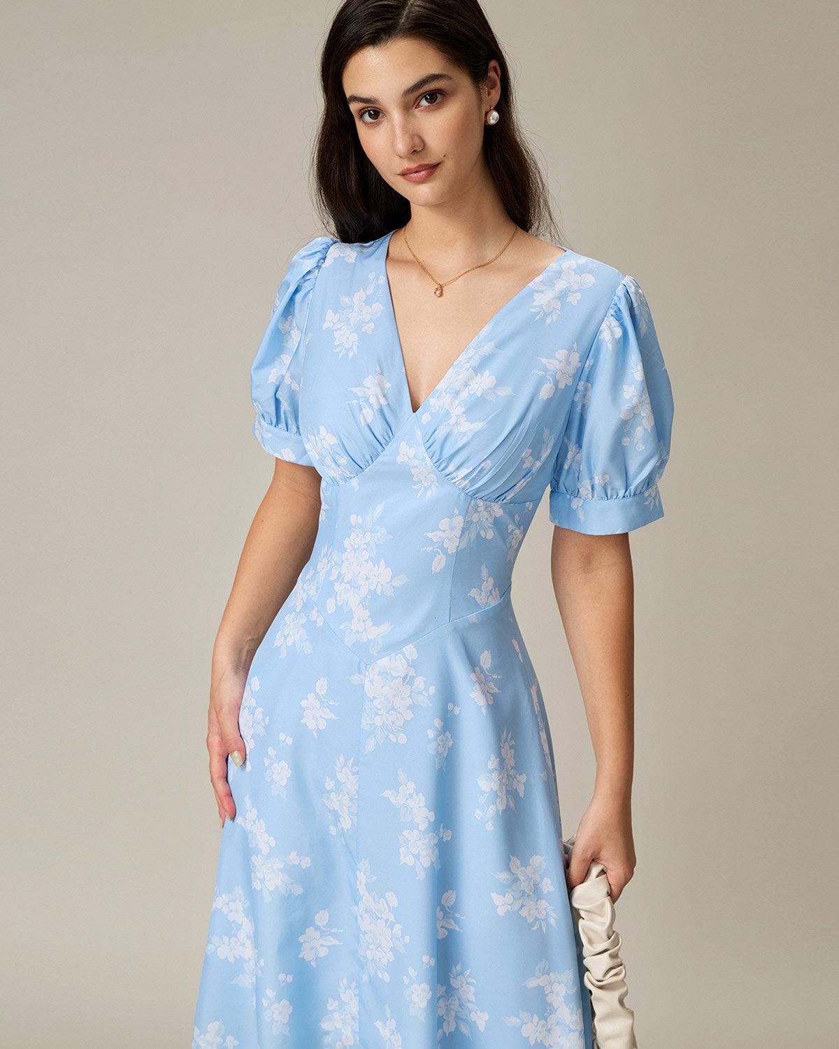 Blue Floral Puffed Sleeve Ruched Midi Dress Product Image