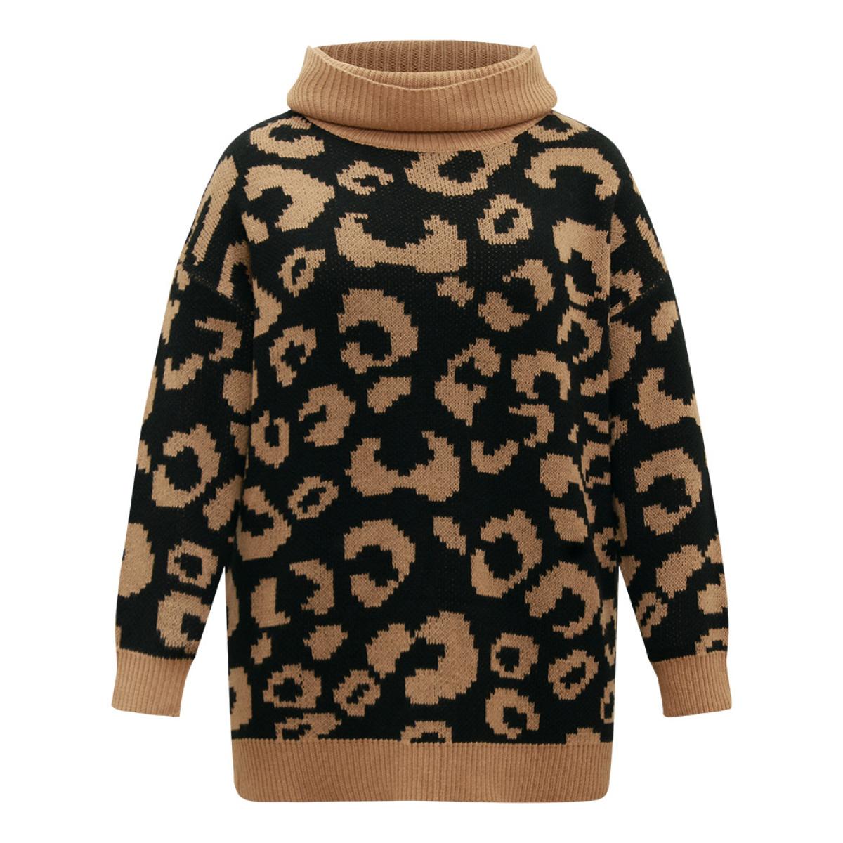 Plus Size Leopard Contrast Jacquard Turtleneck Pullover Bronze Women Casual Loose Long Sleeve Turtleneck Dailywear Pullovers BloomChic 28/5X Product Image