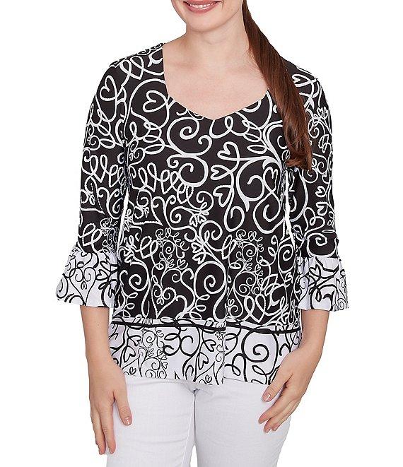 Ruby Rd. Whirlwind Heart Border Print Knit Sweetheart Neck 3/4 Sleeve Top Product Image