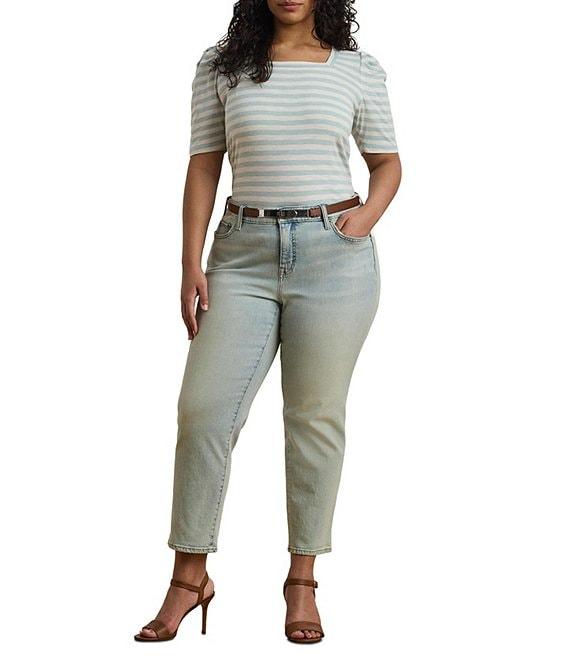 Lauren Ralph Lauren Plus Size Cotton Jersey Striped Square Neck Short Puff Sleeve Top Product Image