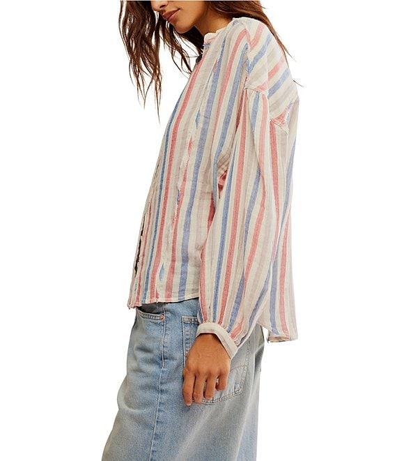 Free People We The Free Striped Valley Double Cloth Banded Collar Long Sleeve Shirt Product Image