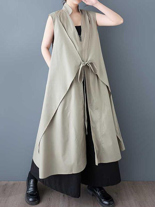 A-Line Loose Pockets Solid Color Tied Zipper V-Neck Midi Dresses Shirt Dress Product Image