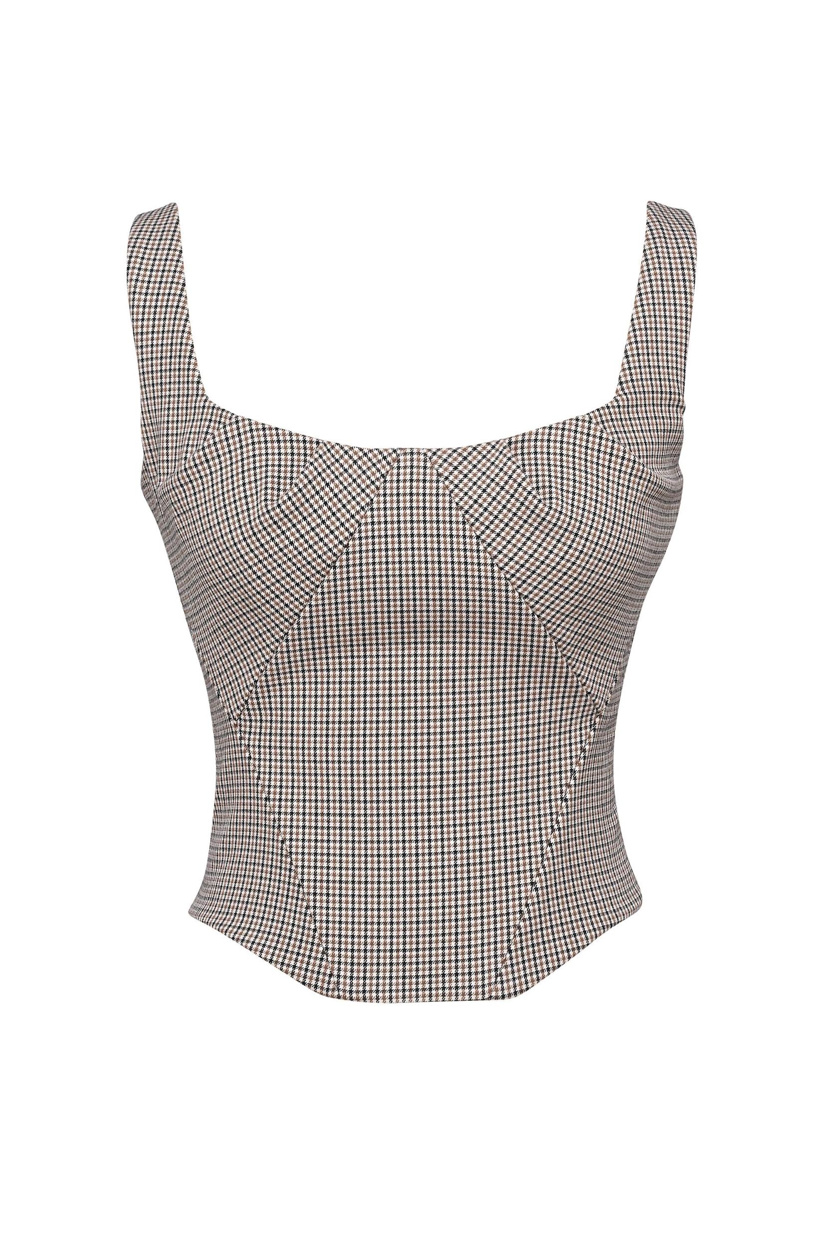 Selma  brown puppytooth boned corset top Product Image