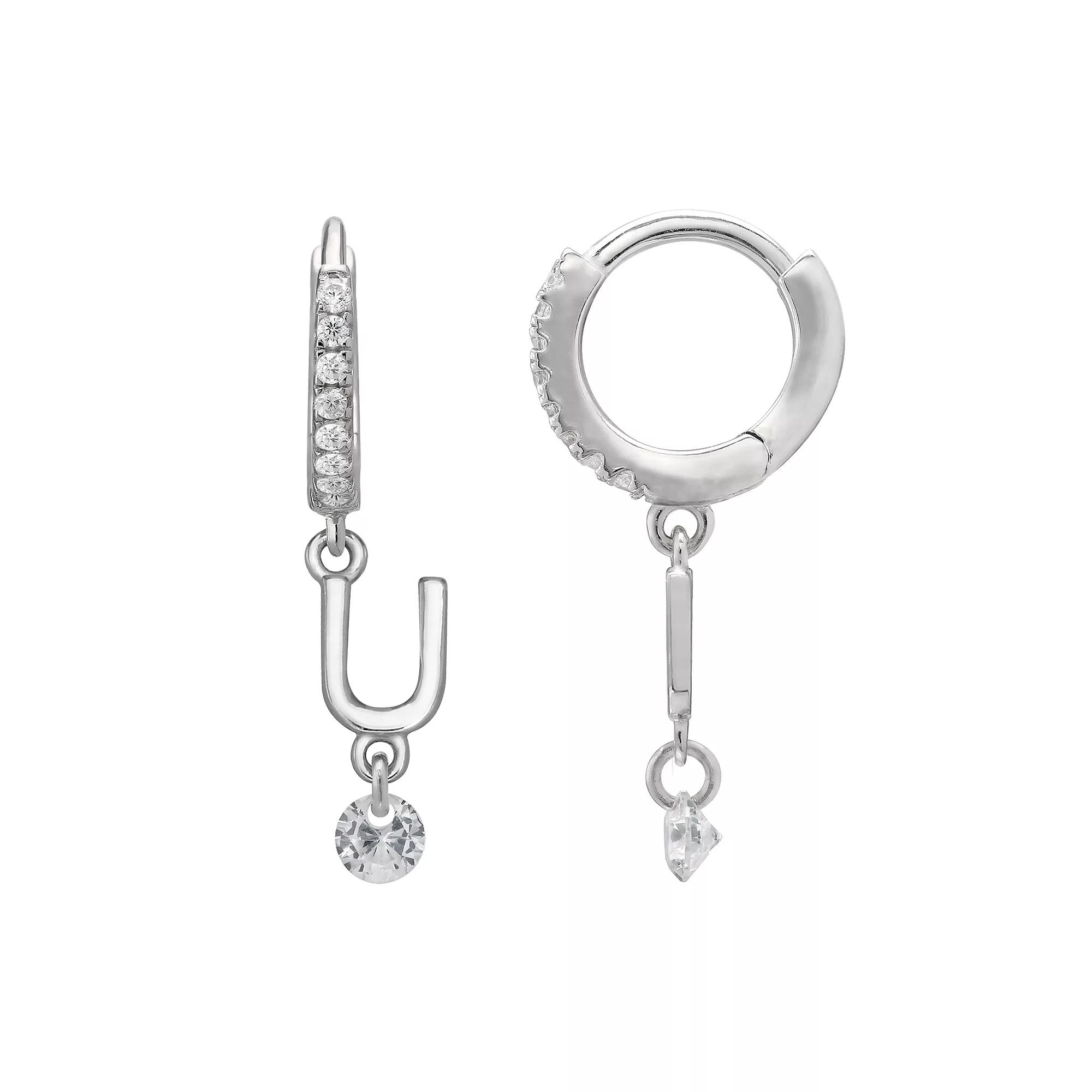 PRIMROSE Sterling Silver Initial Huggie Hoop Drop Earrings, Women's, Sterling Silver U Product Image