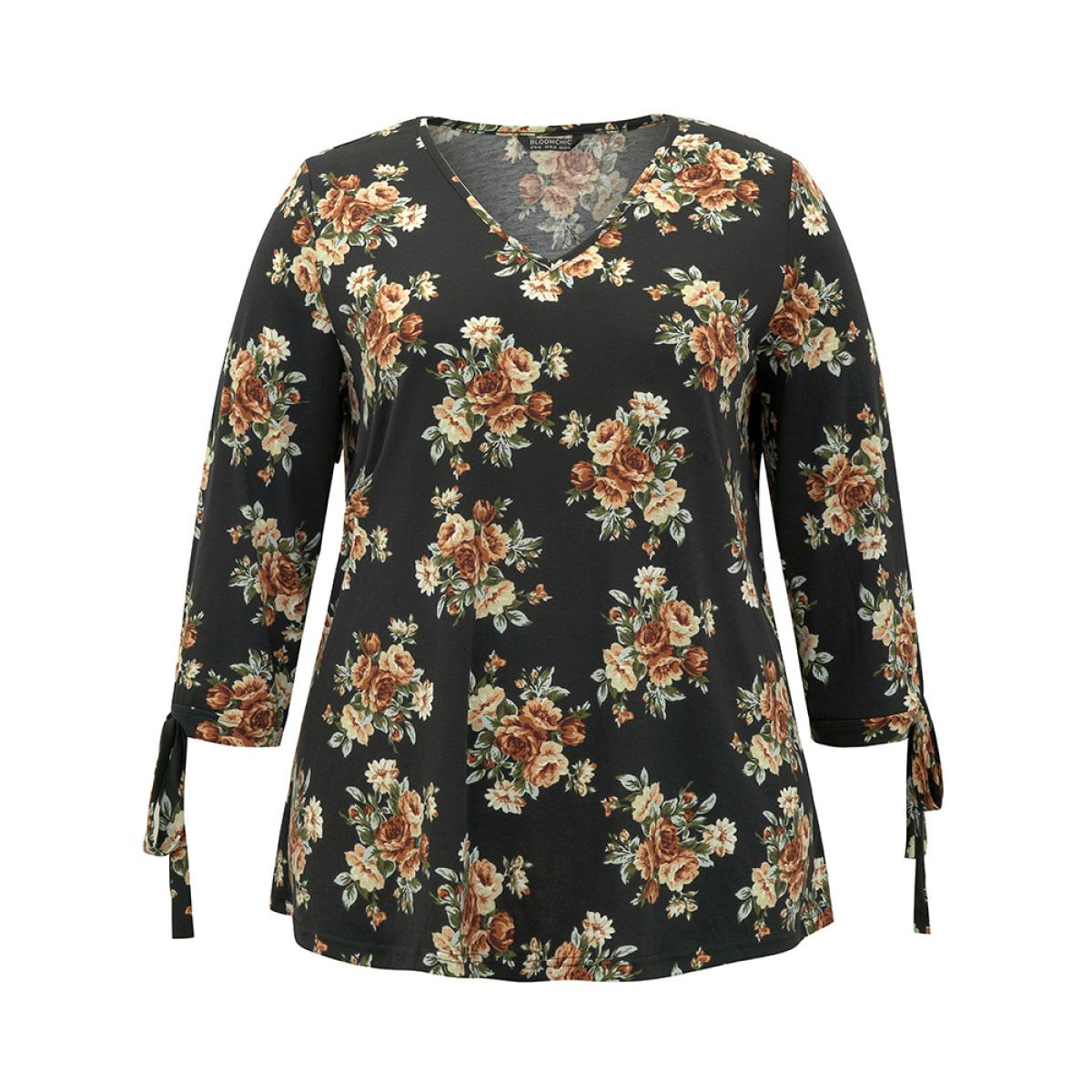 Plus Size Floral Print V Neck Ties Sleeve T-shirt Black Women Casual Cross straps Floral V-neck Dailywear T-shirts BloomChic 12/L Product Image