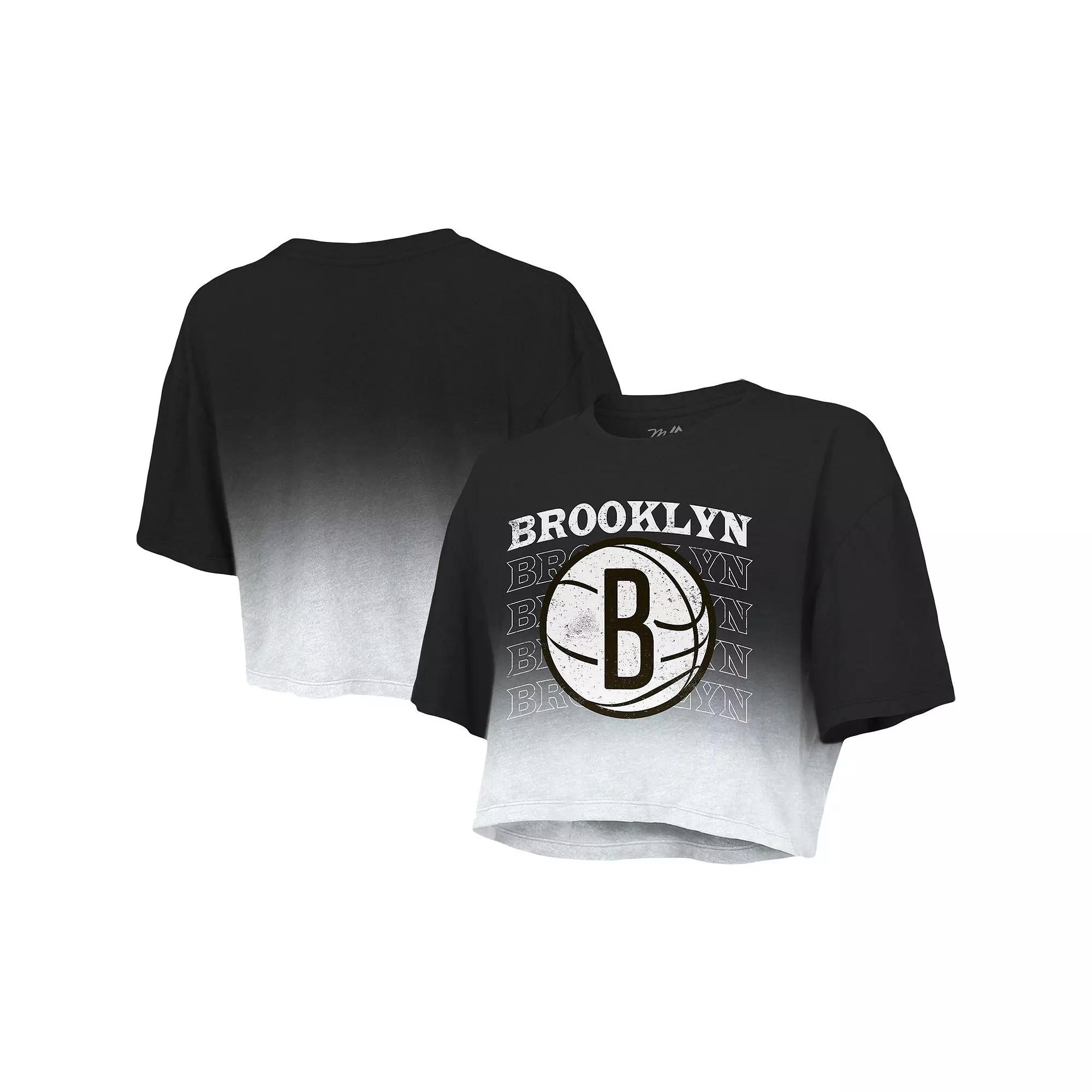 Women's Majestic Threads Black/White Brooklyn Nets Repeat Dip-Dye Cropped T-Shirt,  Product Image