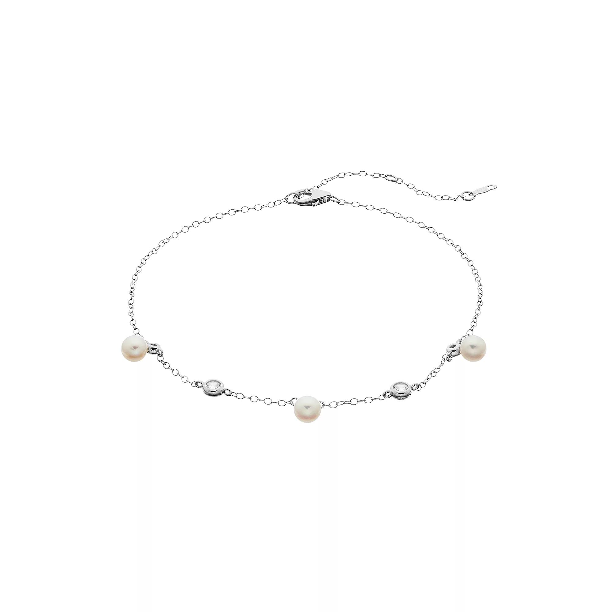 Sterling Silver Freshwater Cultured Pearl & Lab Created White Sapphire Station Anklet, Women's Product Image