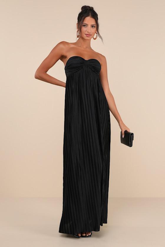 Whimsical Beauty Black Satin Plisse Strapless Maxi Dress Product Image