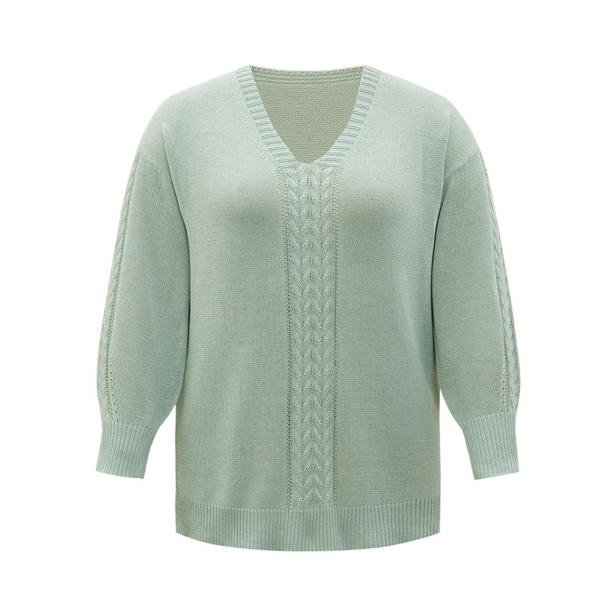 Plus Size Cable Knit Lantern Sleeve Drop Shoulder Pullover Mint Women Casual Loose Long Sleeve V-neck Dailywear Pullovers BloomChic 30/6X Product Image