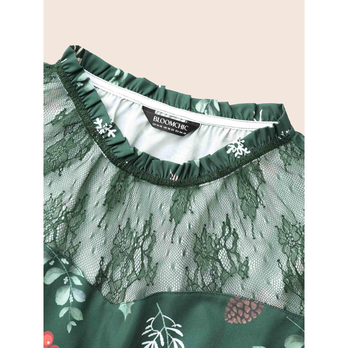 Plus Size Lace Trim Sheer Neckline Midi Dress Truegreen Women Elegant Woven ribbon&lace trim Mock Neck Long Sleeve Curvy BloomChic 30/6X Product Image