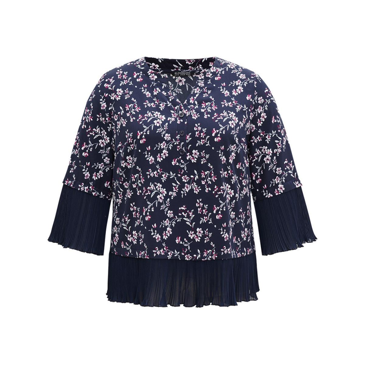 Plus Size Indigo Ditsy Floral Pleated Cuffs Patchwork Blouse Women Elegant Elbow-length sleeve V-neck Dailywear Blouses BloomChic 12/L Product Image