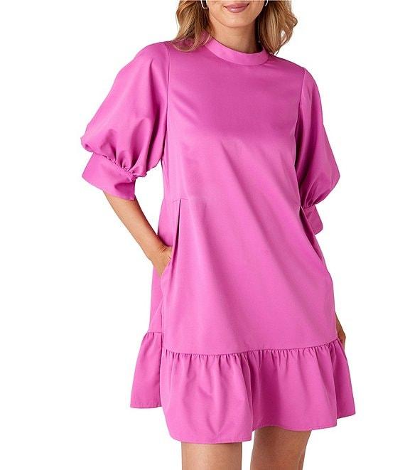 CROSBY by Mollie Burch Brixton Taffeta Mock Neck Short Balloon Sleeve Side Pocket Ruffle Shift Above the Knee Dress Product Image