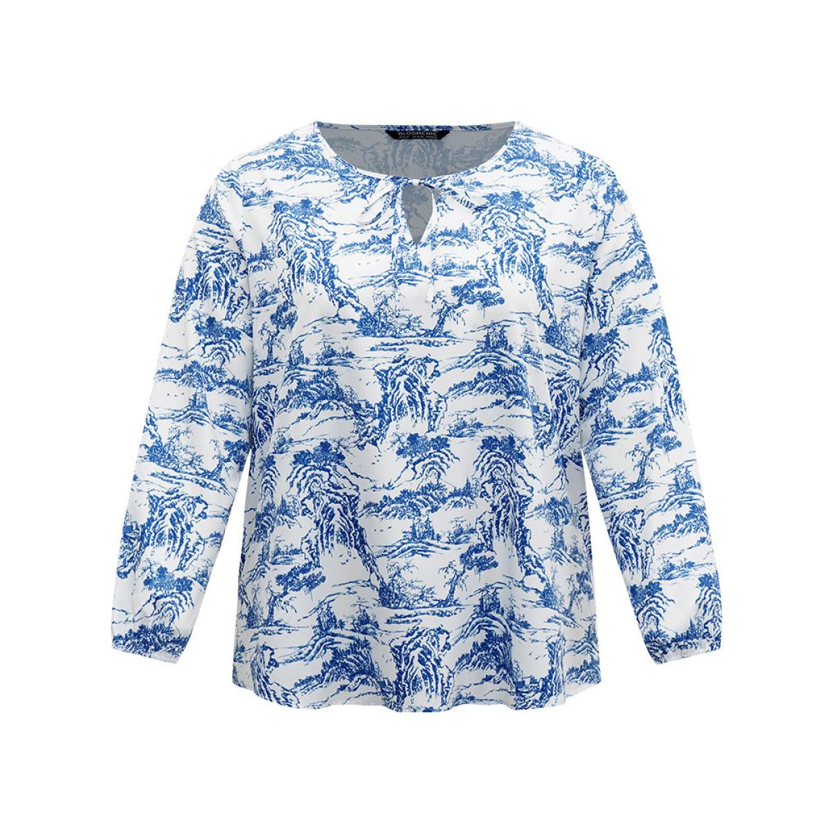 Plus Size Blue Landscape Print Tie Neck Blouse Women Elegant Long Sleeve Tie Neck Dailywear Blouses BloomChic 18-20/2X Product Image