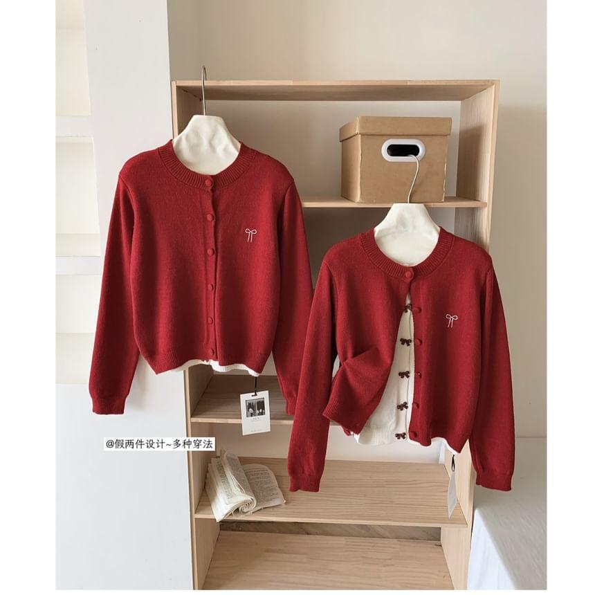 Mock Two-Piece Round Neck Bow Embroidered Cardigan Product Image