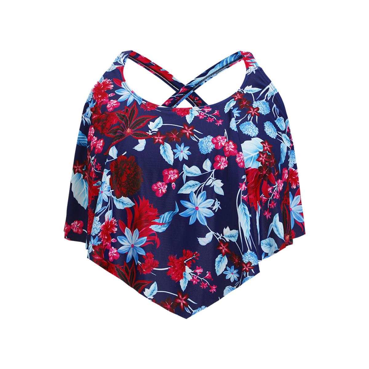 Plus Size Floral Crossover Back Asymmetrical Tankini Top Women's Swimwear Indigo Vacation Adjustable Straps High stretch Bodycon Round Neck Curve Swim Tops BloomChic 18-20/2X Product Image