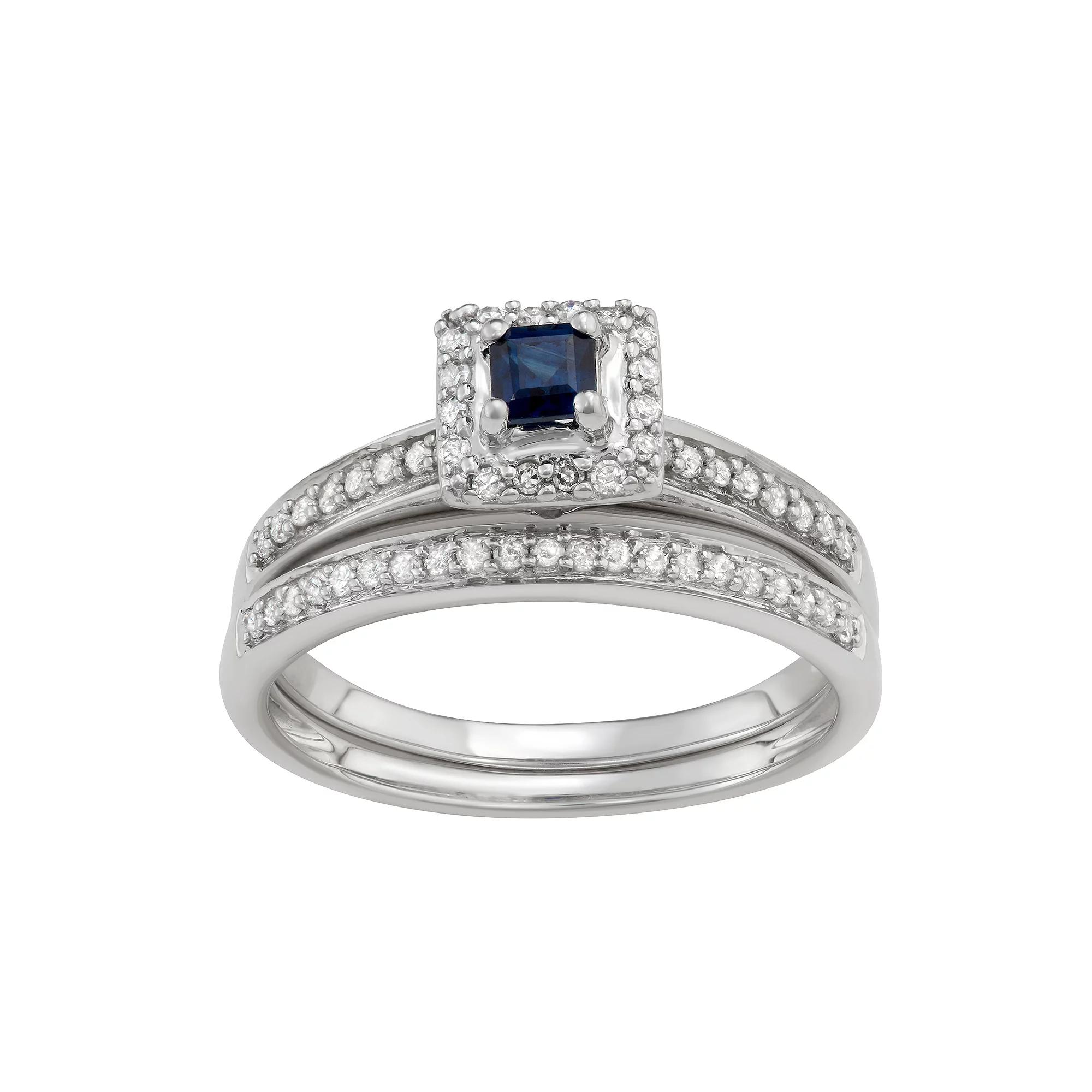 10k White Gold 1/3 Carat T.W. Diamond & Gemstone Square Halo Engagement Ring Set, Women's, Size: 8, Blue Blue Product Image
