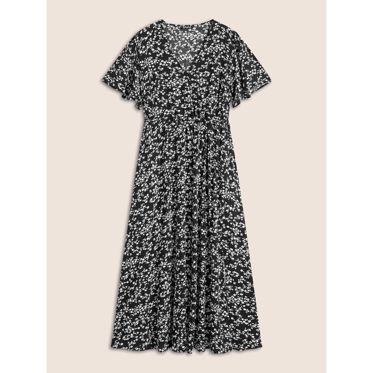 Plus Size Bloom Dress - Flutter Sleeve Ditsy Floral Pocket Split Maxi Dress LightGreen Women Romantic Slit V-neck Half Sleeve Curvy Long Dress BloomChic 10/M Product Image