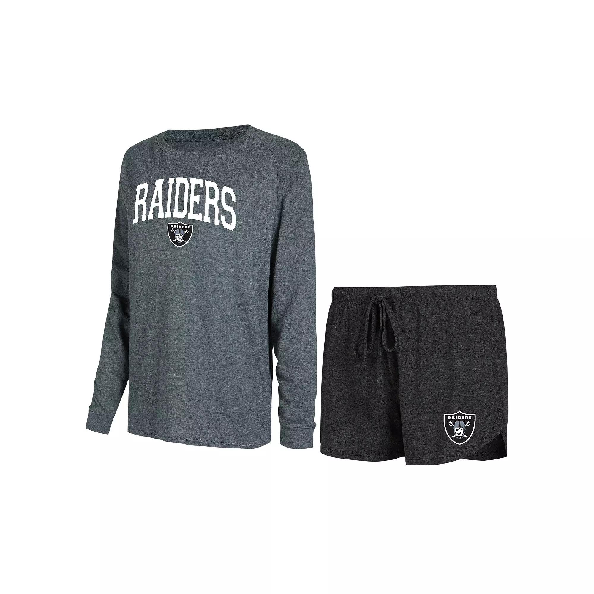 Women's Concepts Sport Black/Charcoal Las Vegas Raiders Raglan Long Sleeve T-Shirt & Shorts Lounge Set,  Product Image