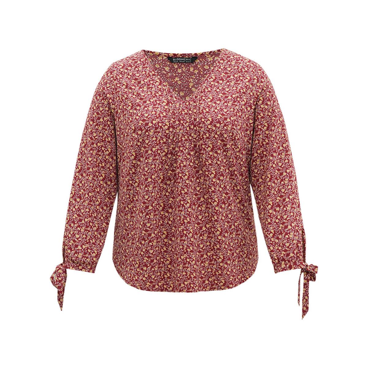 Plus Size Scarlet Ditsy Floral Ties V Neck Pleated Blouse Women Elegant Long Sleeve V-neck Dailywear Blouses BloomChic 26/4X Product Image
