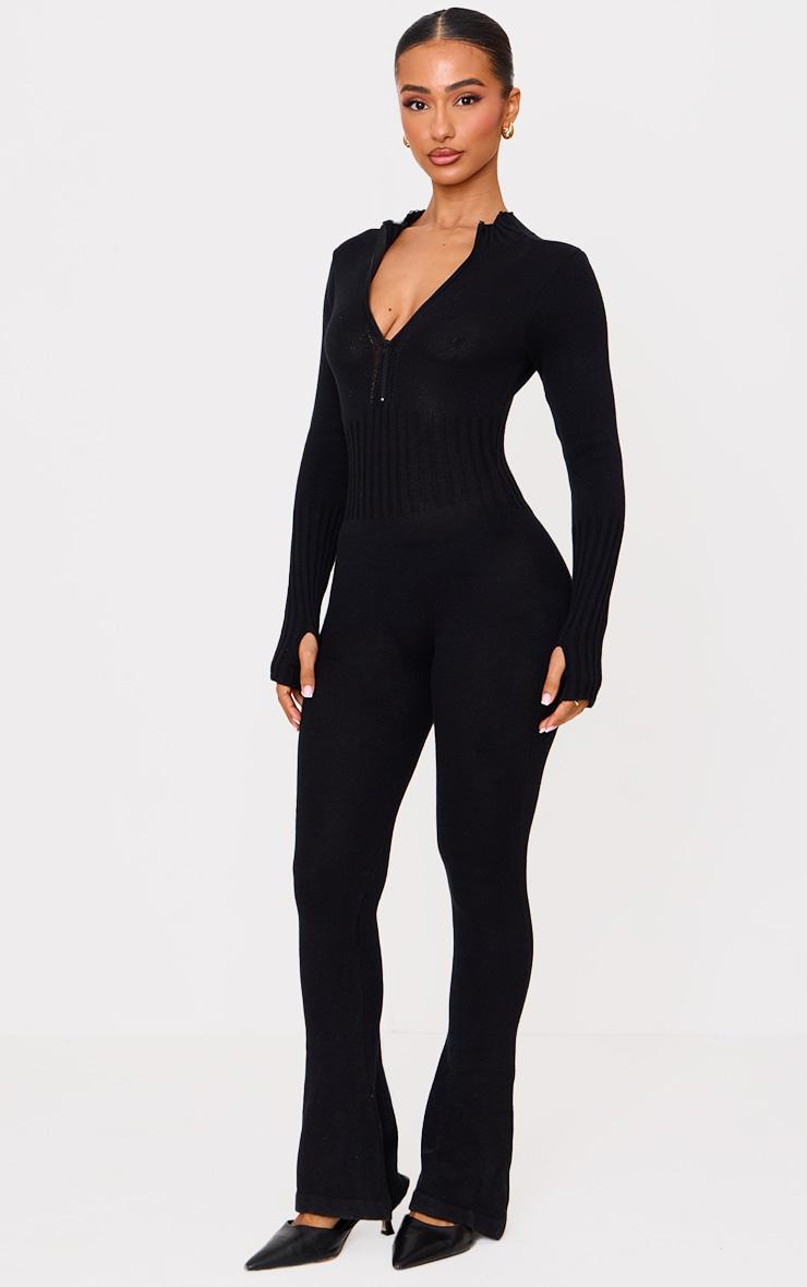 Petite Black Knitted Flared Zip Up Jumpsuit Product Image