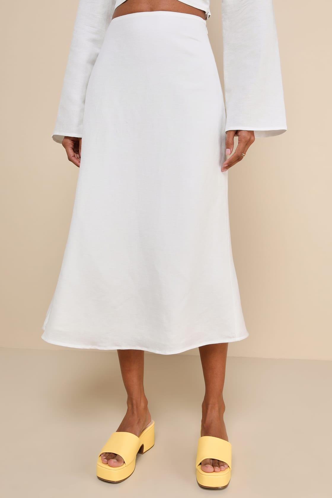 Effortless Vacay White Linen High-Waisted Midi Skirt Product Image