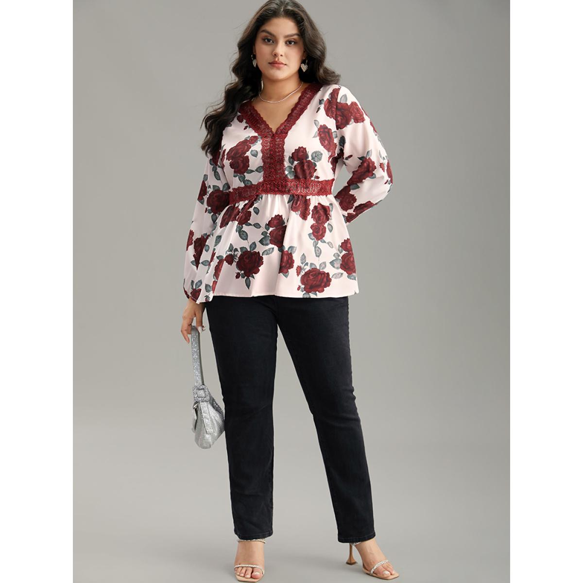 Plus Size Scarlet Floral Print Eyelet Lace Lantern Sleeve Blouse Women Glamour Long Sleeve V-neck Going out Blouses BloomChic 10/M Product Image