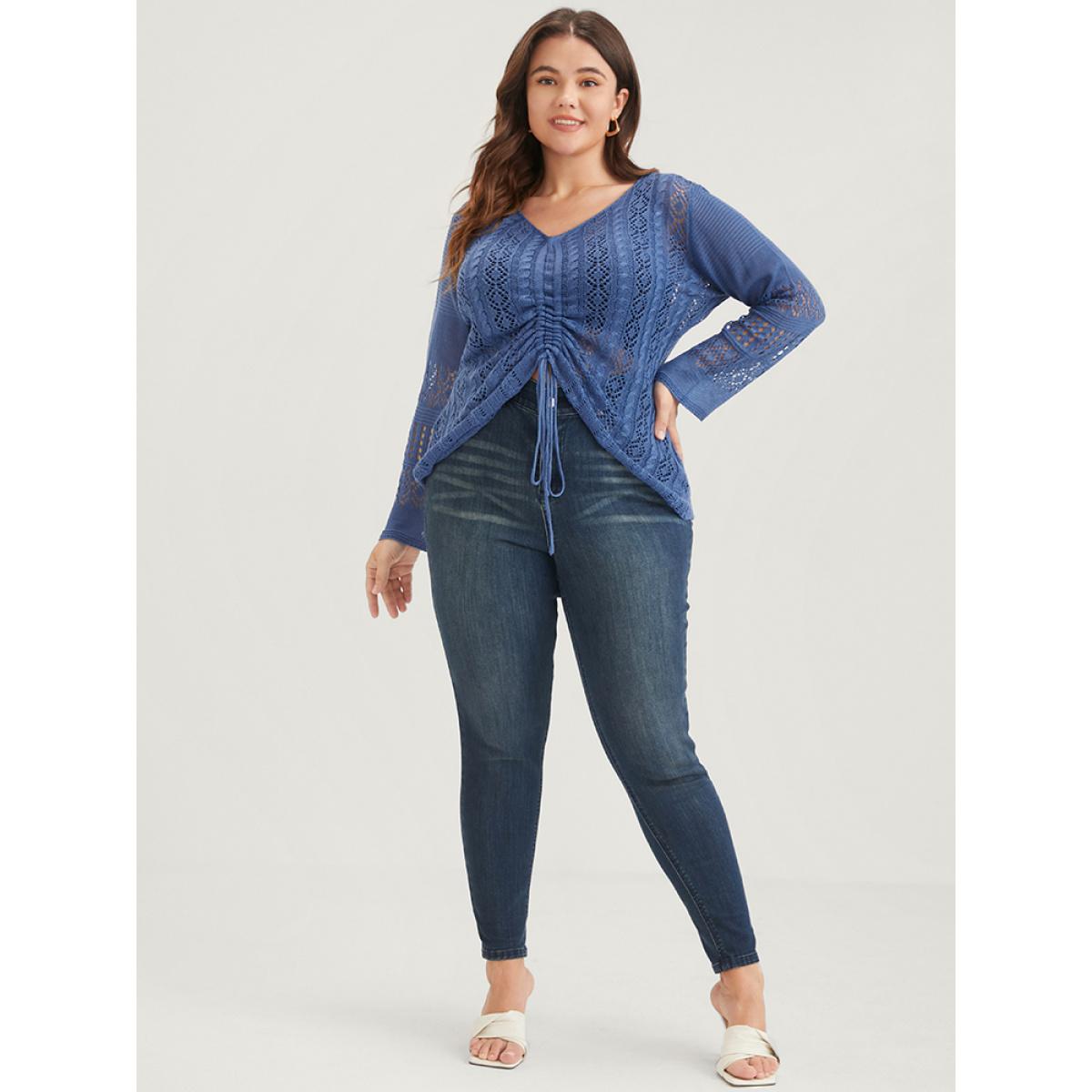Plus Size Plain Pointelle Knit V Neck Crochet Drawstring Knit Top Blue Women Elegant Long Sleeve V-neck Dailywear Pullovers BloomChic 30/6X Product Image