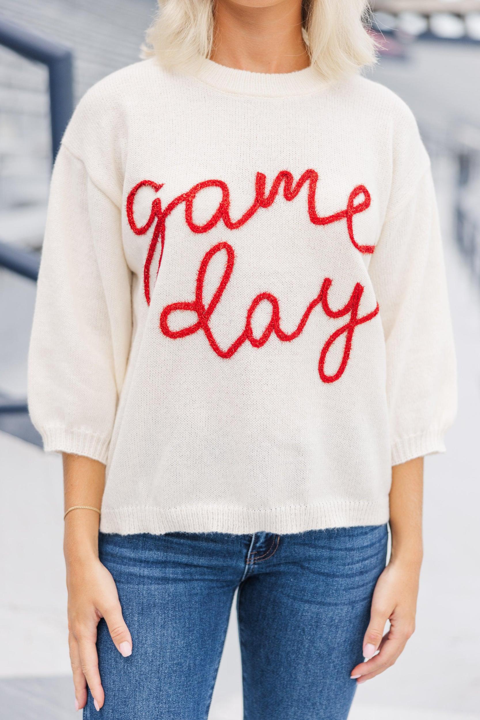 To The Stadium White and Red Game Day Puff Sleeve Sweater Female Product Image