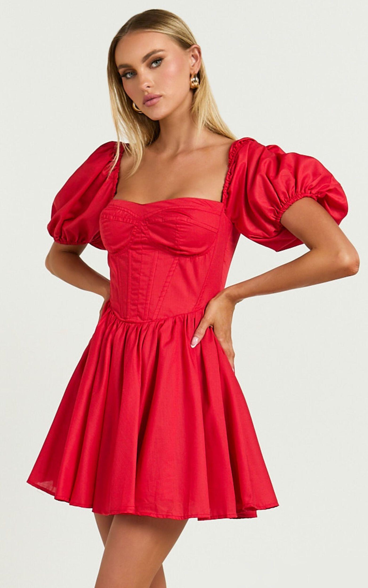 Souza Mini Dress - Fit and Flare Puff Sleeve Corset Dress in Red Product Image