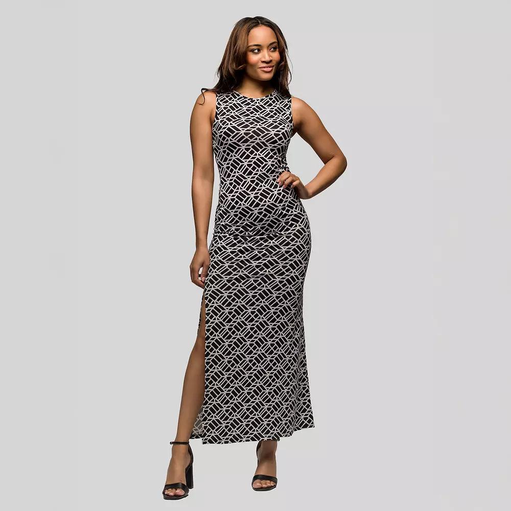Women's 24Seven Comfort Apparel Black & White Print Sleeveless Side Slit Maxi Dress,  Product Image