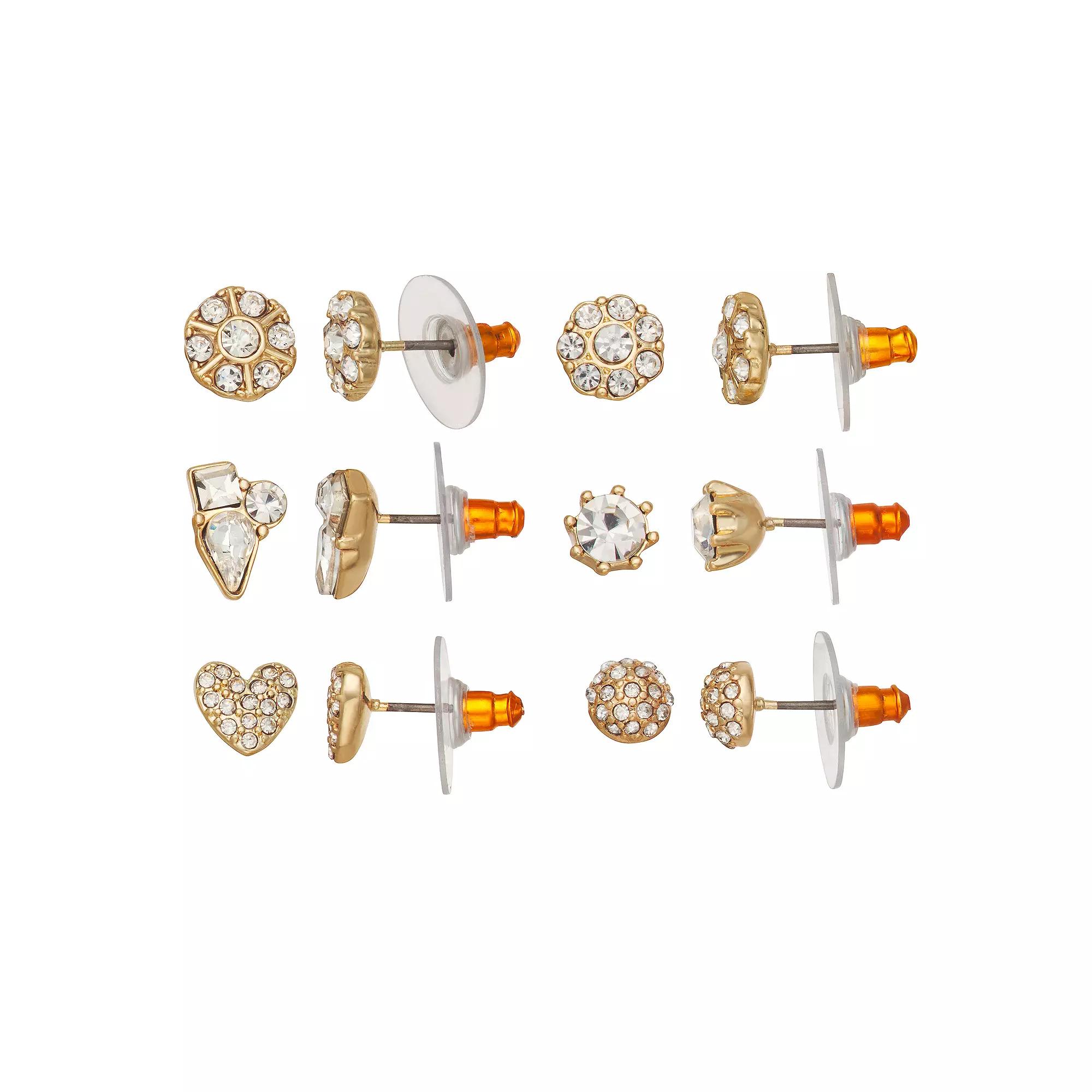You're Invited Gold Tone Crystal 6-Pair Earring Set, Women's Product Image