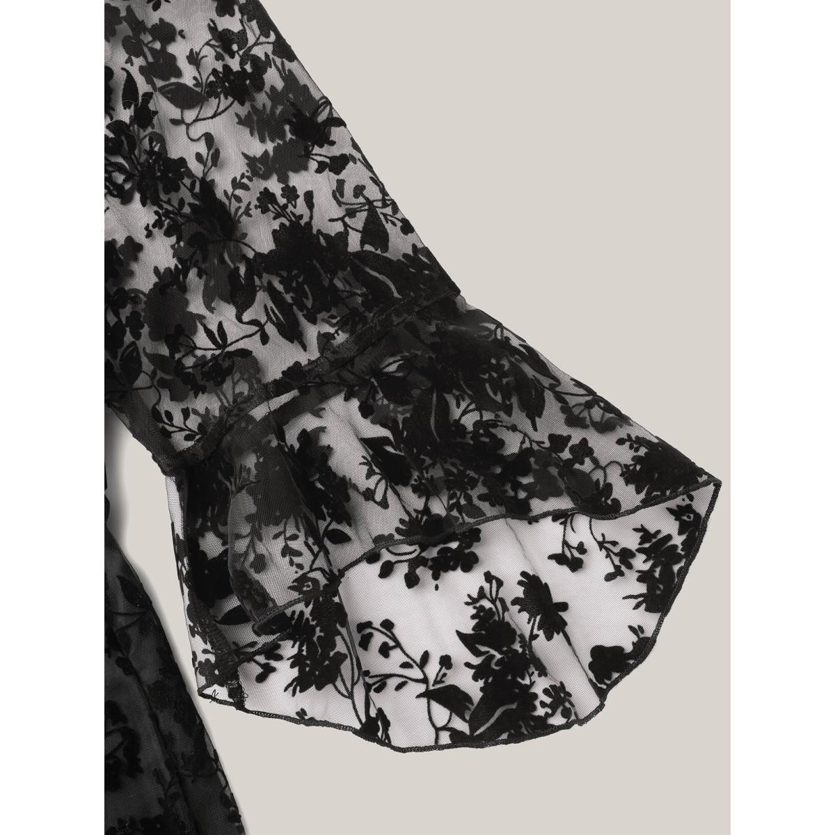 Plus Size Sheer Textured Waist-Cinched Midi Dress Black Women Elegant Texture V-neck Elbow-length sleeve Curvy BloomChic 30/6X Product Image