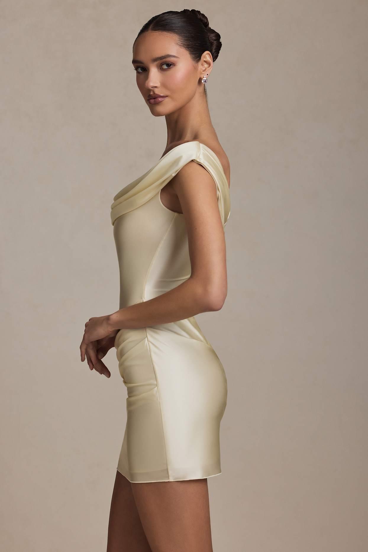 Off-Shoulder Draped Mini Dress in Ivory Product Image