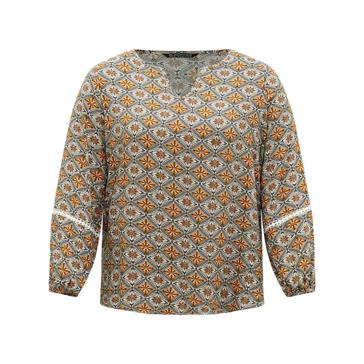 Plus Size Bronze Boho Print Notched Contrast Lace Blouse Women Vacation Long Sleeve Notched collar Dailywear Blouses BloomChic 14-16/1X Product Image