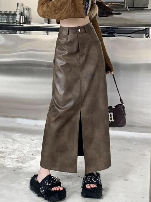 Vintage Brown High Rise Split PU Leather Midi Skirt Product Image