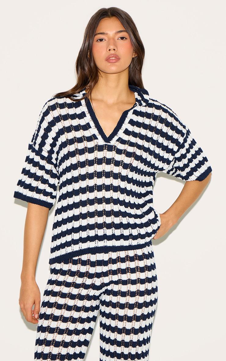  Navy Crochet Stripe Knit Pants Product Image